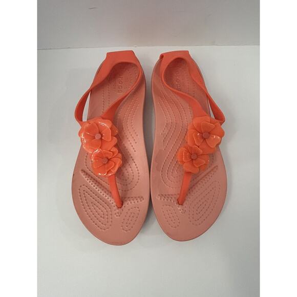 Crocs Serena Embellish Flower Iconic Footbed T Strap Sandals Women’s Sz 8 Orange - Picture 3 of 6